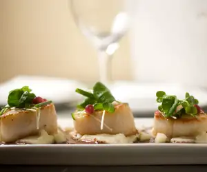 Three fresh scallops beautifully presented on a plate